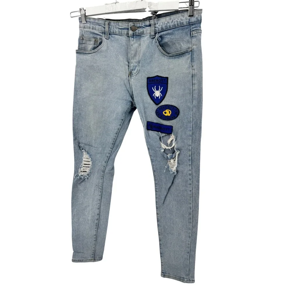 BWEROTT Mens Distressed Light Wash Jeans with Spider Patches Size 35x31